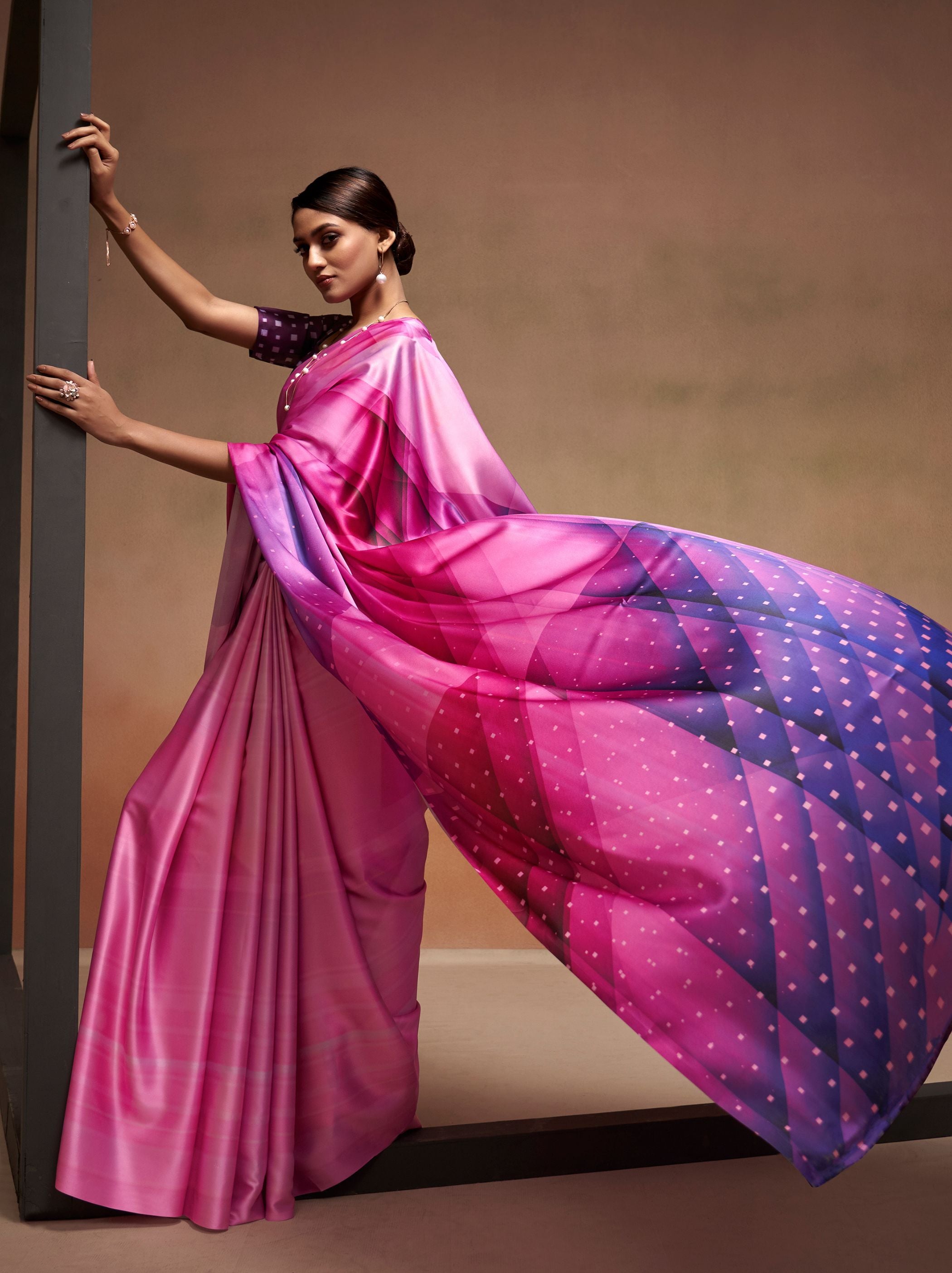 Magenta Pink Satin Silk Designer Saree - TrendOye