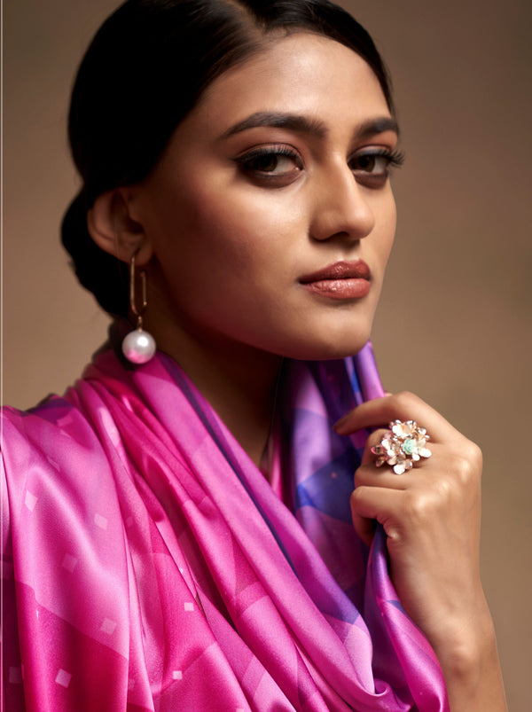 Magenta Pink Satin Silk Designer Saree - TrendOye