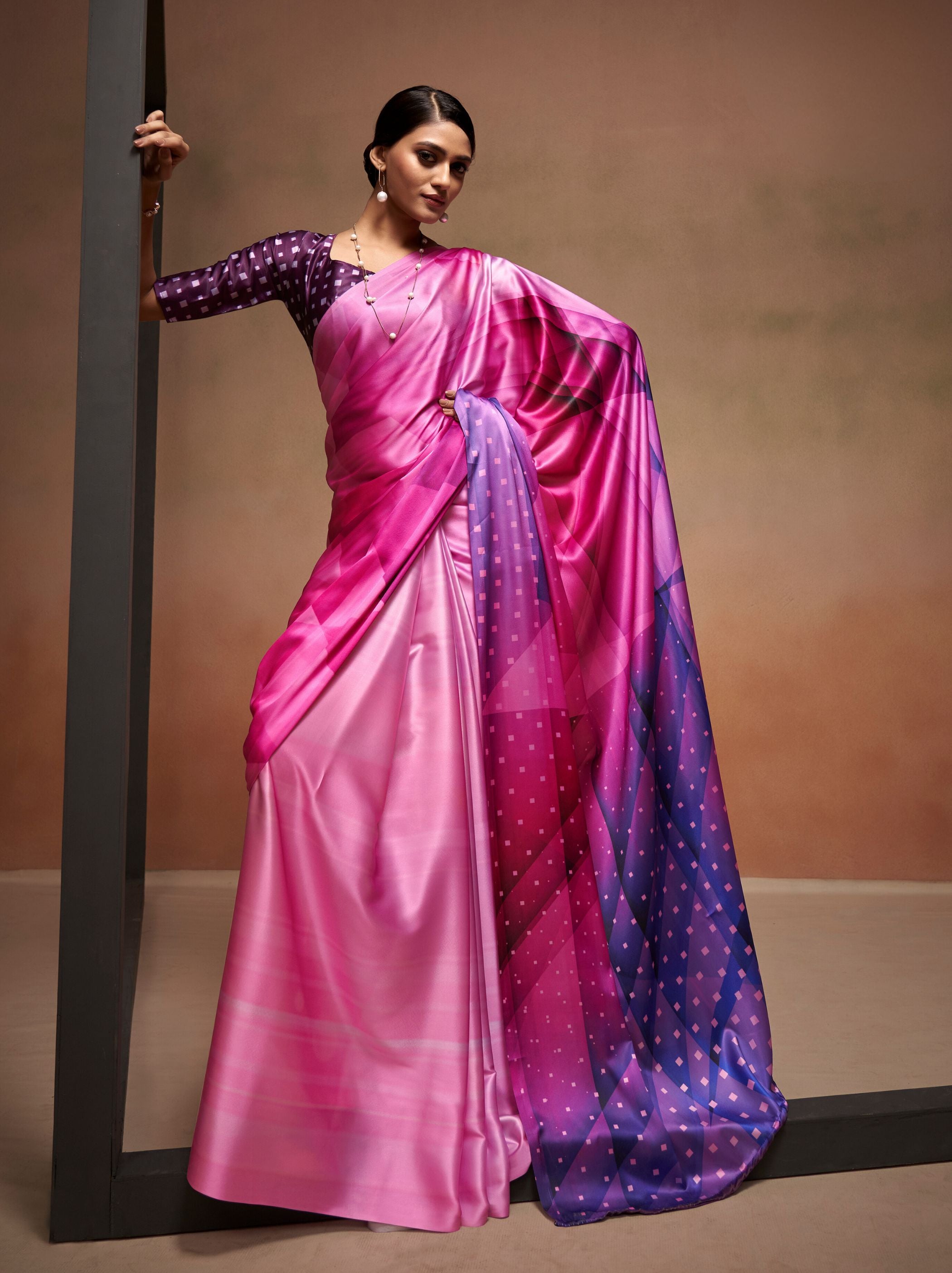 Magenta Pink Satin Silk Designer Saree - TrendOye
