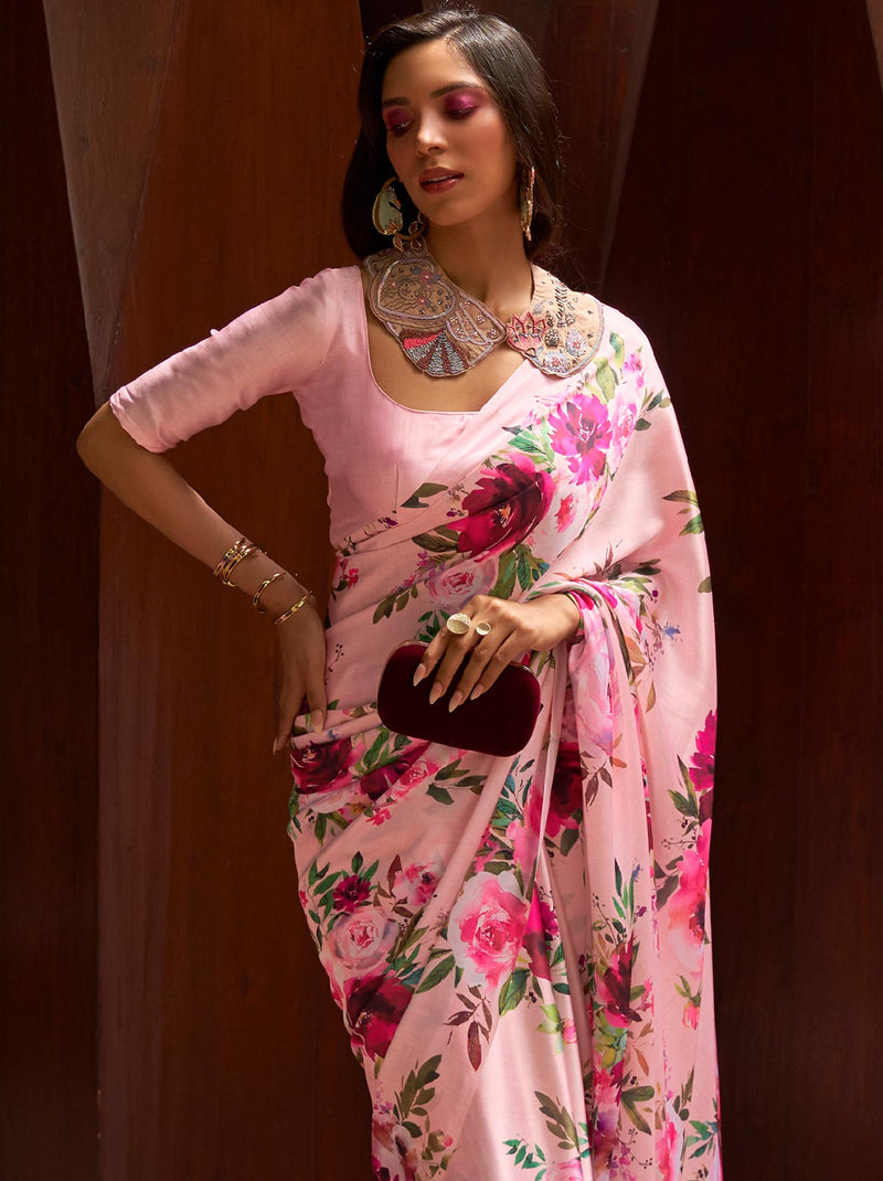 Carnation Pink Satin Silk Designer Saree - TrendOye