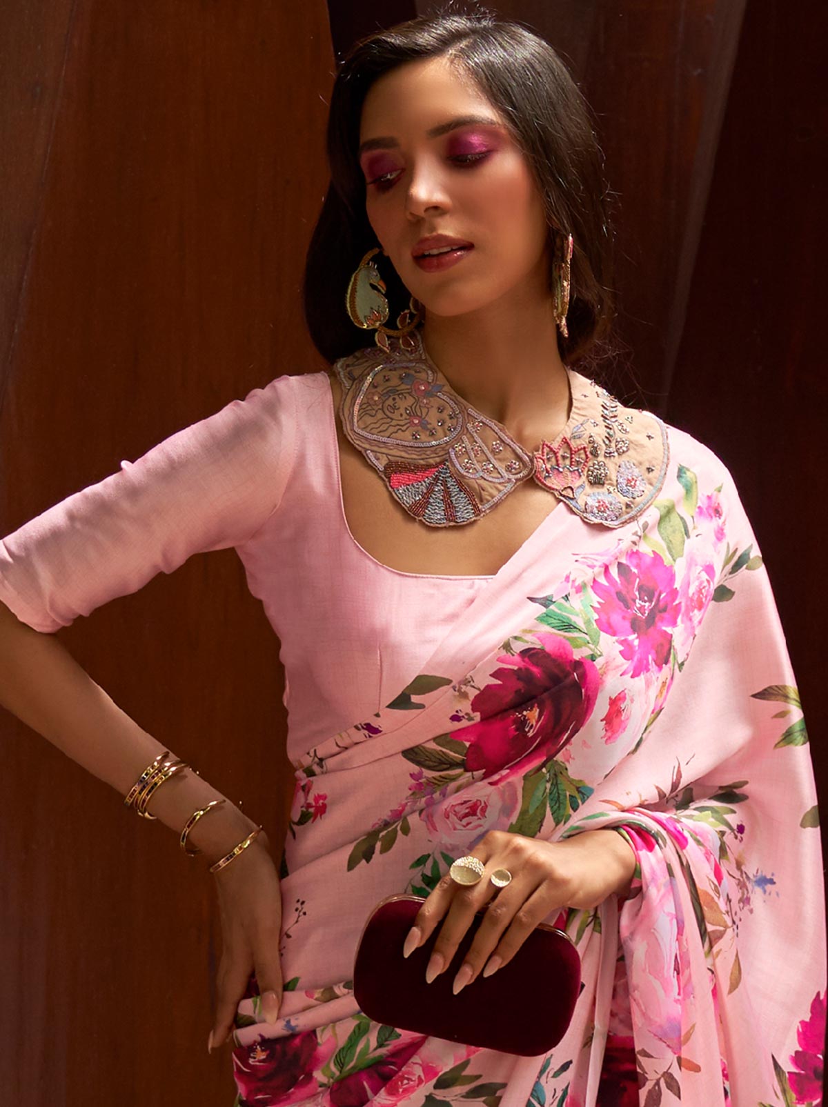 Carnation Pink Satin Silk Designer Saree - TrendOye