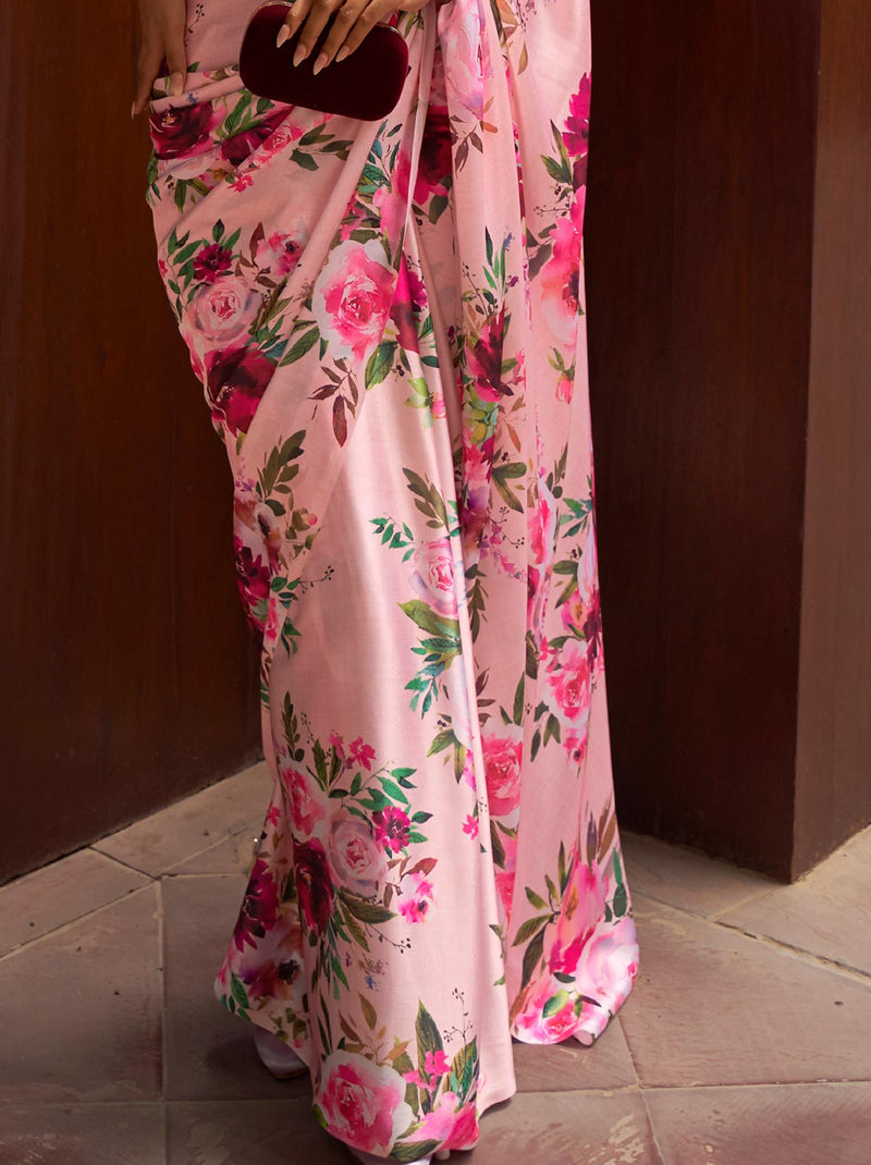 Carnation Pink Satin Silk Designer Saree - TrendOye
