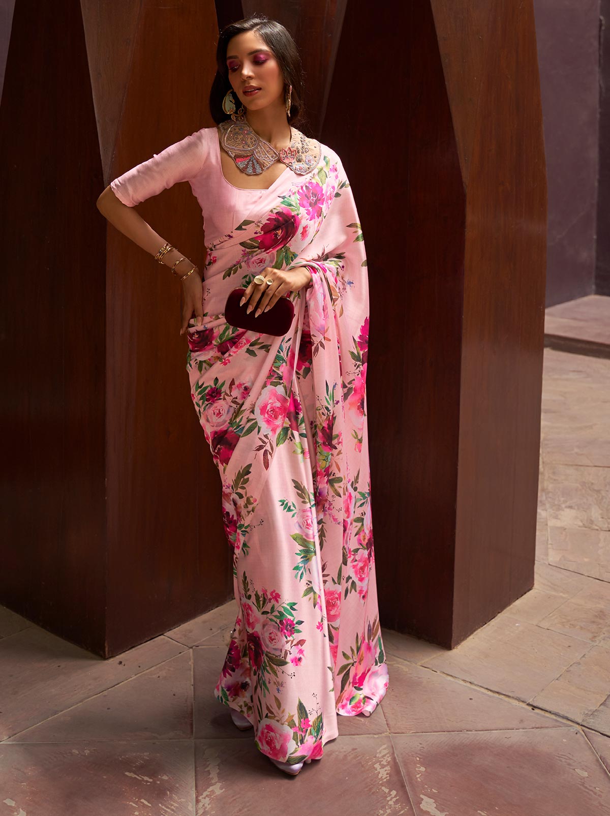 Carnation Pink Satin Silk Designer Saree - TrendOye