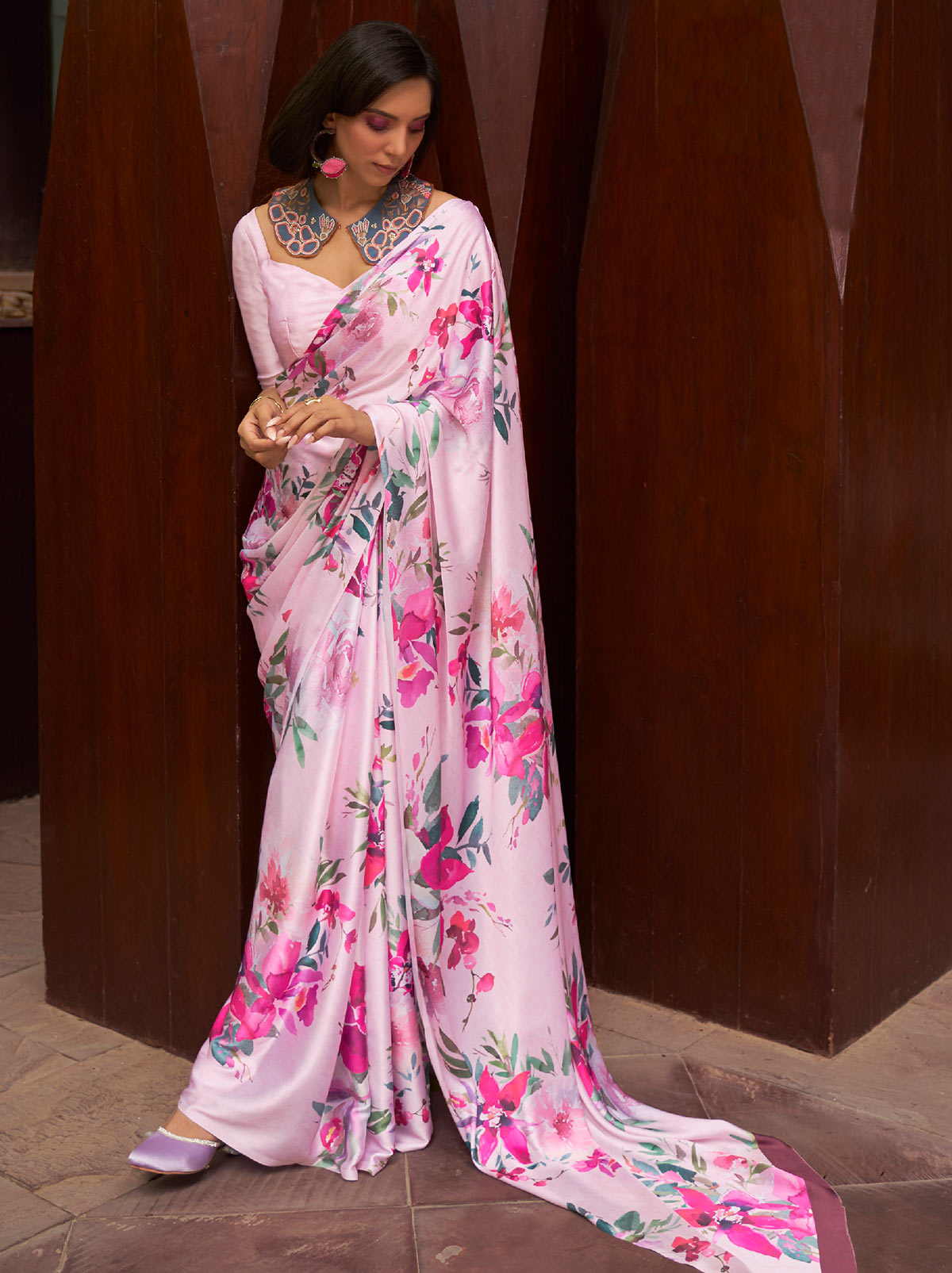 Pink Soft Satin Silk Digital Saree - TrendOye