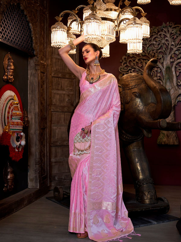 Taffy Pink Handwoven Satin Silk Designer Saree - TrendOye