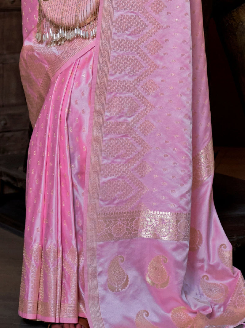 Taffy Pink Handwoven Satin Silk Designer Saree - TrendOye
