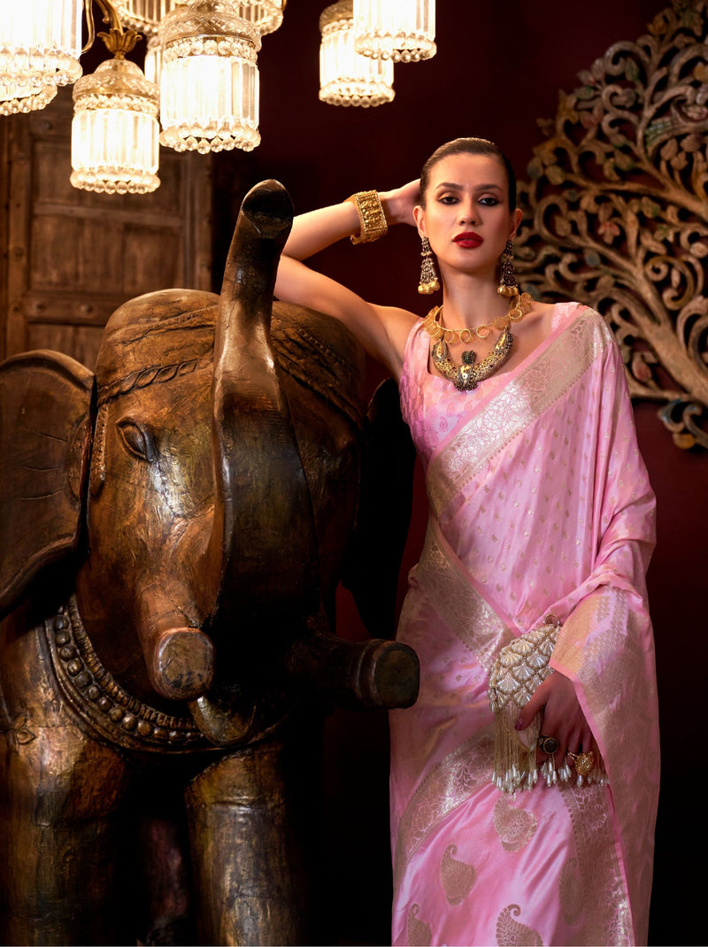 Taffy Pink Handwoven Satin Silk Designer Saree - TrendOye