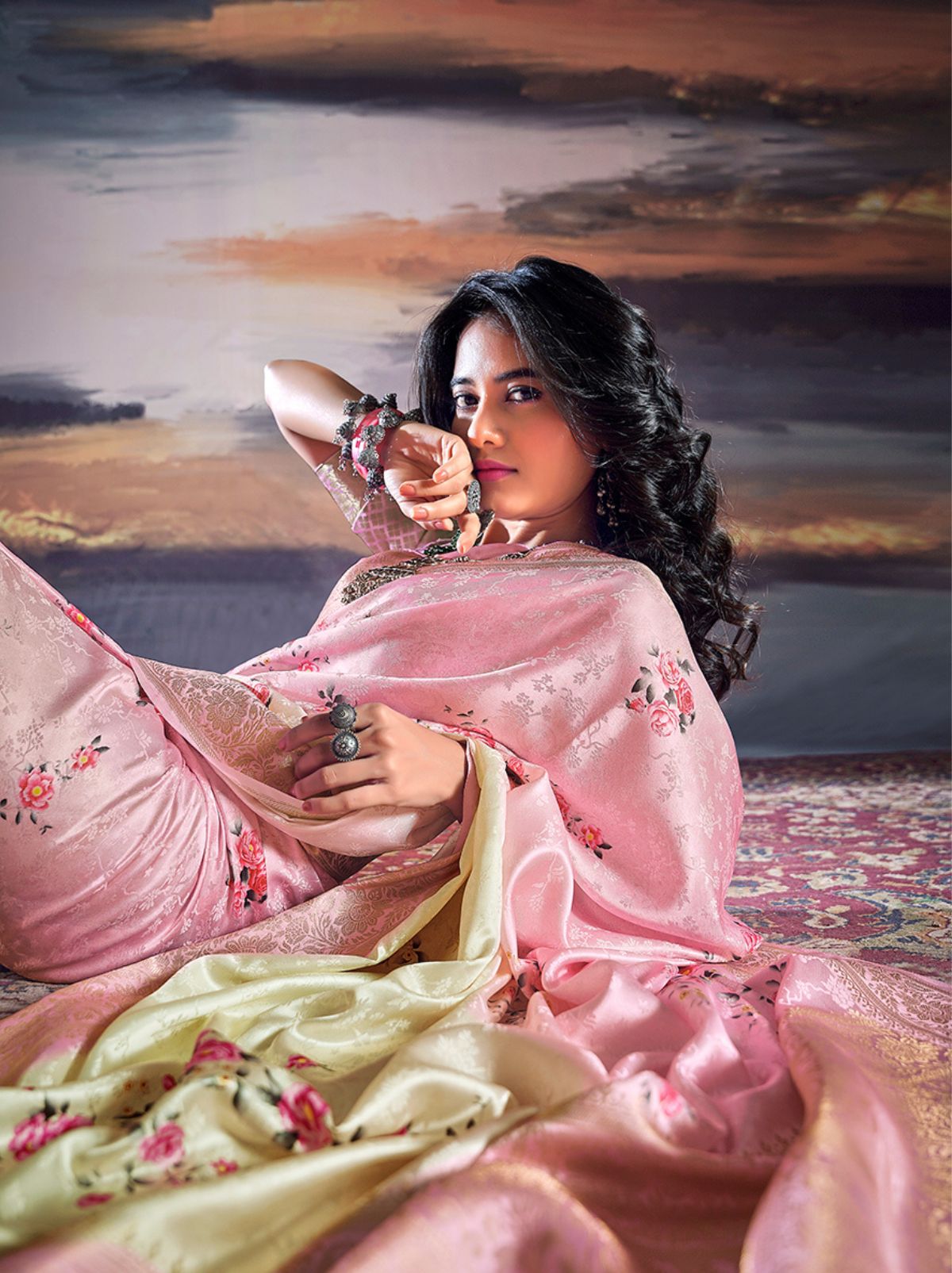 Carnation Pink Fine Satin Digital Silk Dual Tone Designer Saree - TrendOye