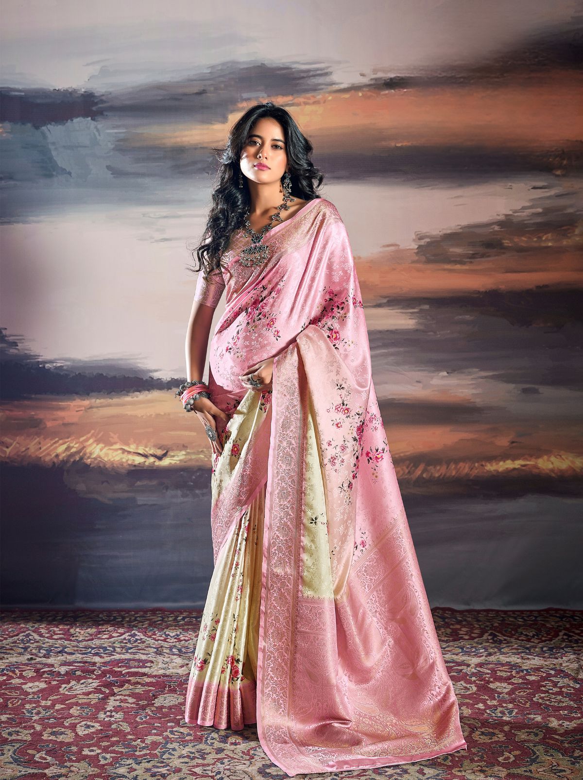 Carnation Pink Fine Satin Digital Silk Dual Tone Designer Saree - TrendOye