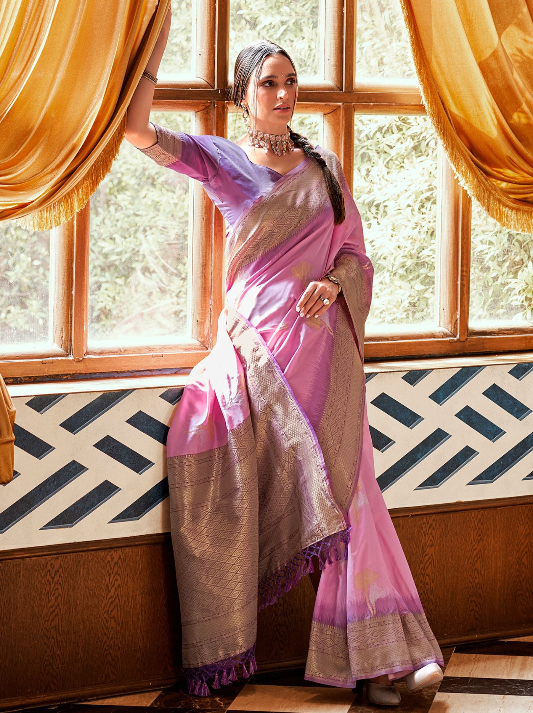 Taffy Pink Zari Woven Silk Wedding Saree - TrendOye