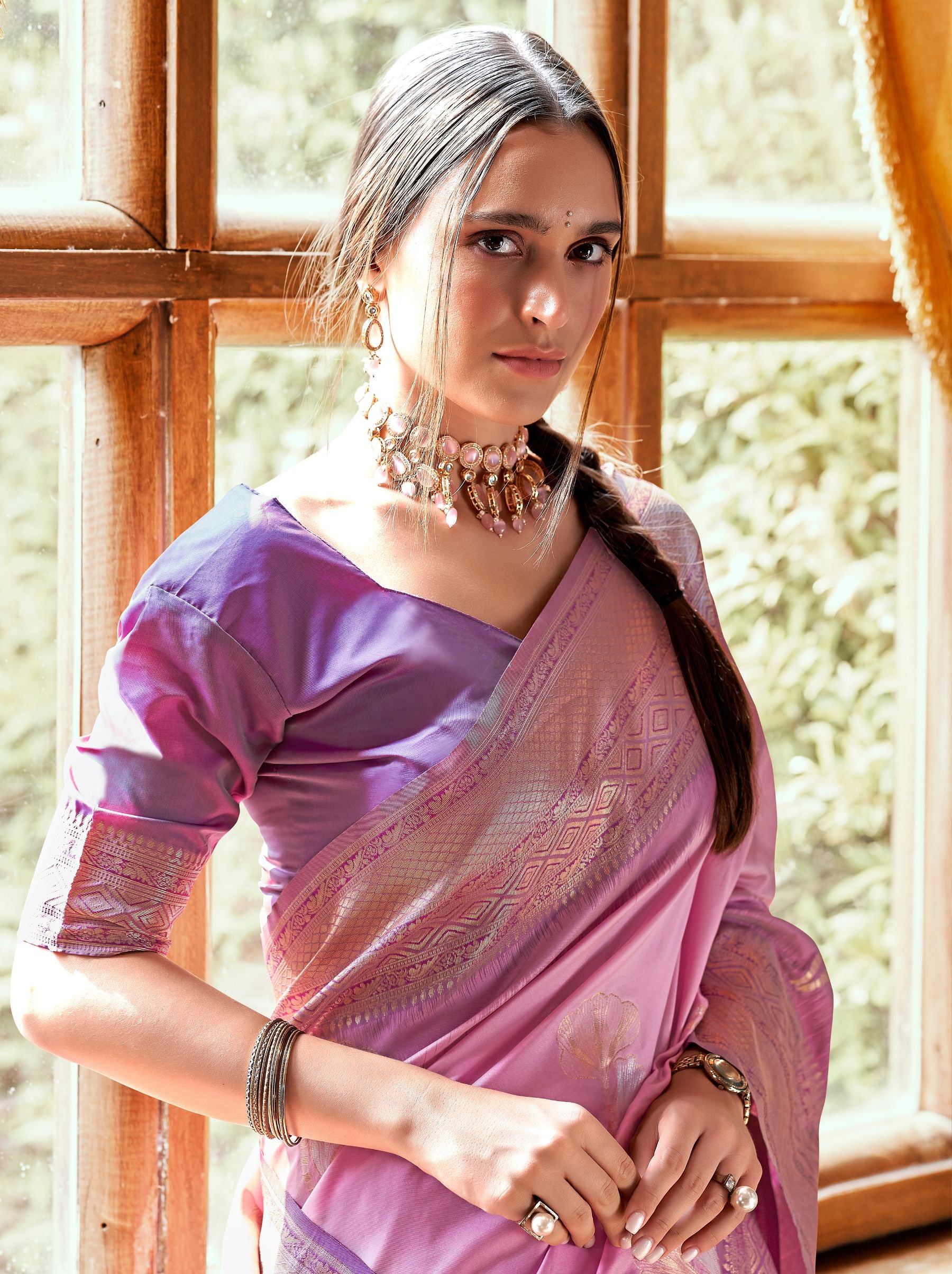 Taffy Pink Zari Woven Silk Wedding Saree - TrendOye