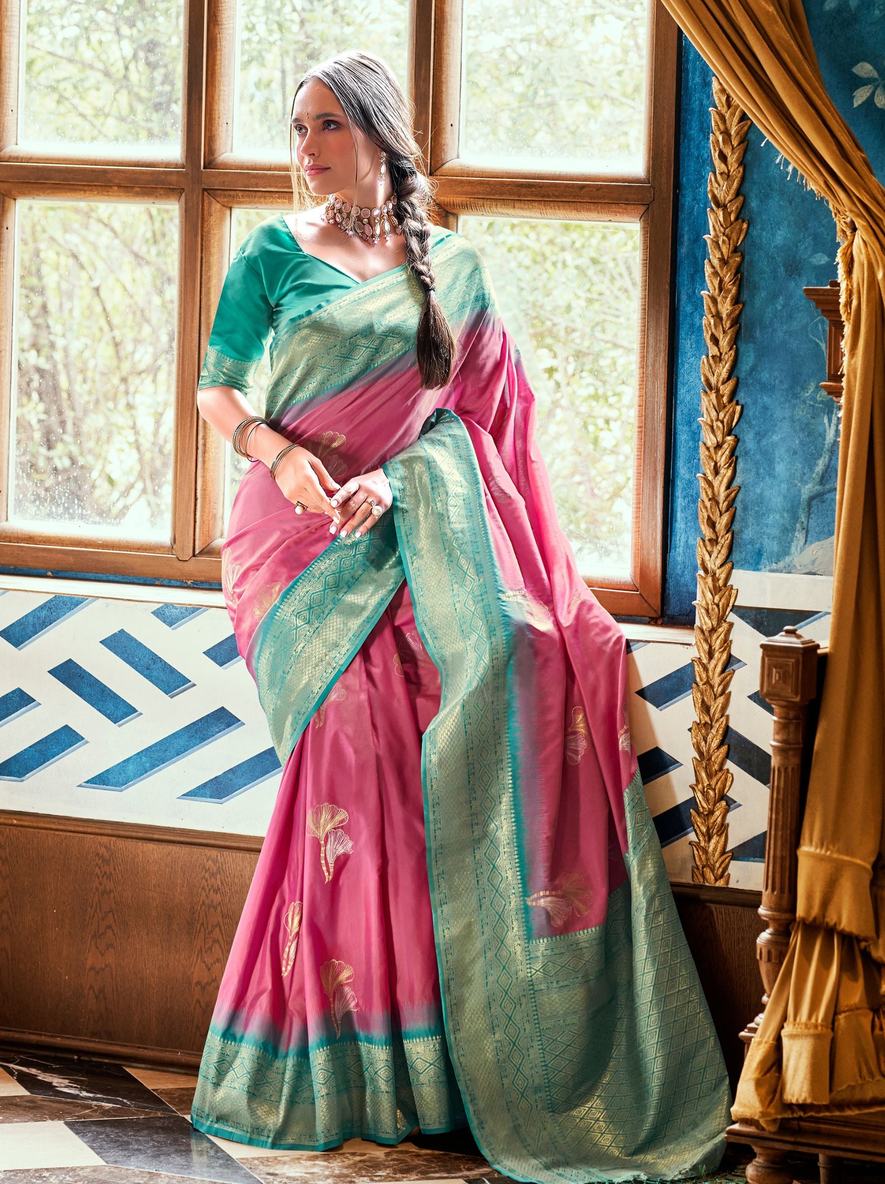 Bubble-Gum Pink Zari Woven Silk Wedding Saree - TrendOye