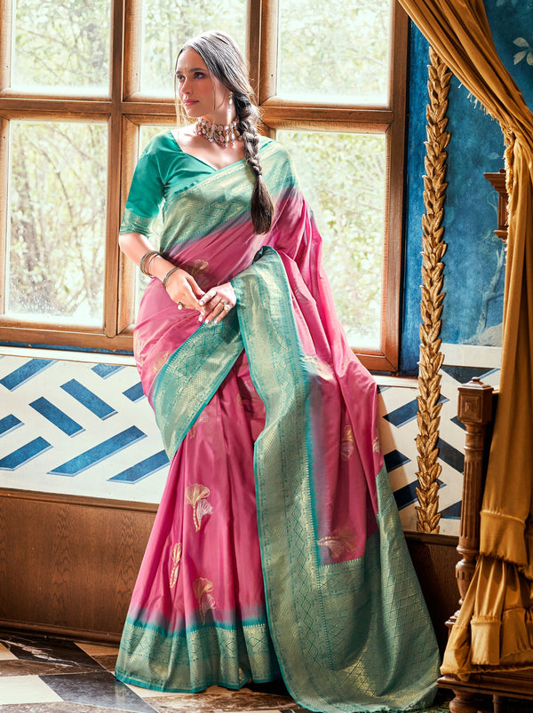 Bubble-Gum Pink Zari Woven Silk Wedding Saree