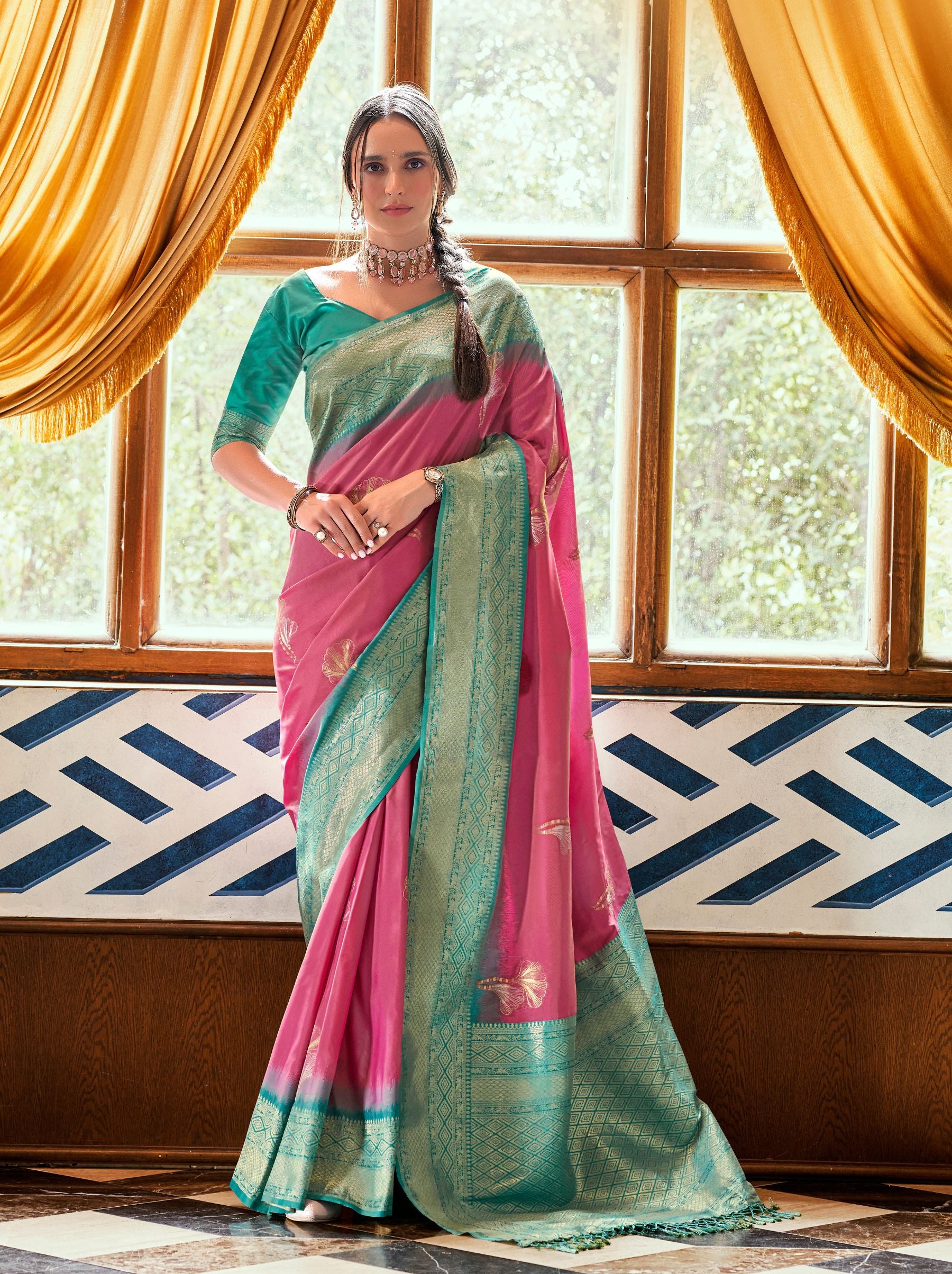 Bubble-Gum Pink Zari Woven Silk Wedding Saree - TrendOye
