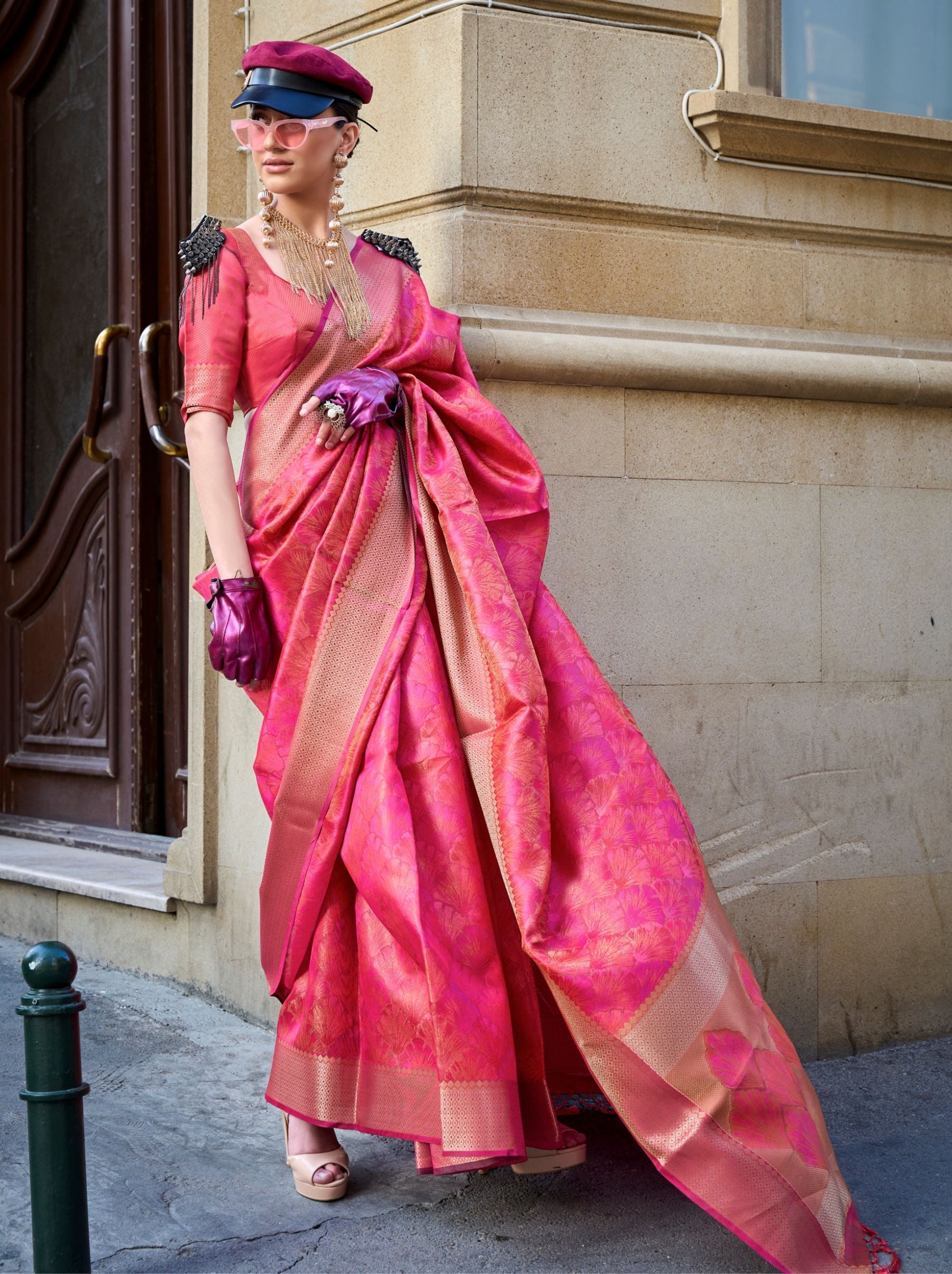 Cerise Pink Designer Silk Saree - TrendOye