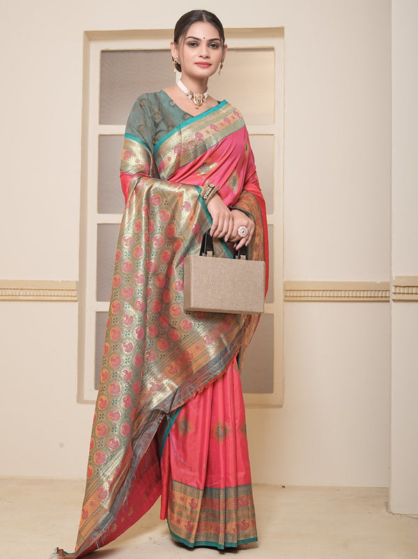 Cerise Pink Soft Silk Paithani Saree With Contrast Blouse Piece