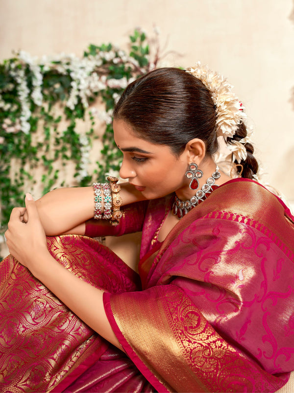 Ruby Pink Soft Silk Zari Weaving Wedding Saree