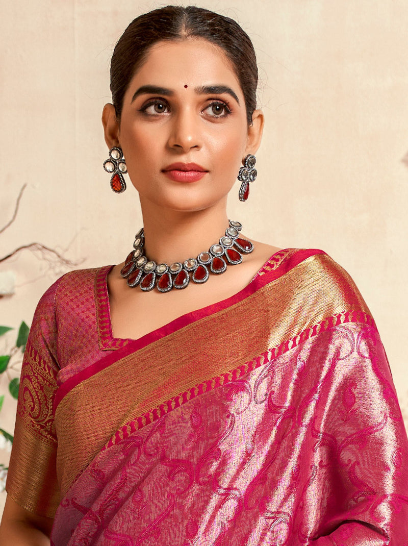 Ruby Pink Soft Silk Zari Weaving Wedding Saree