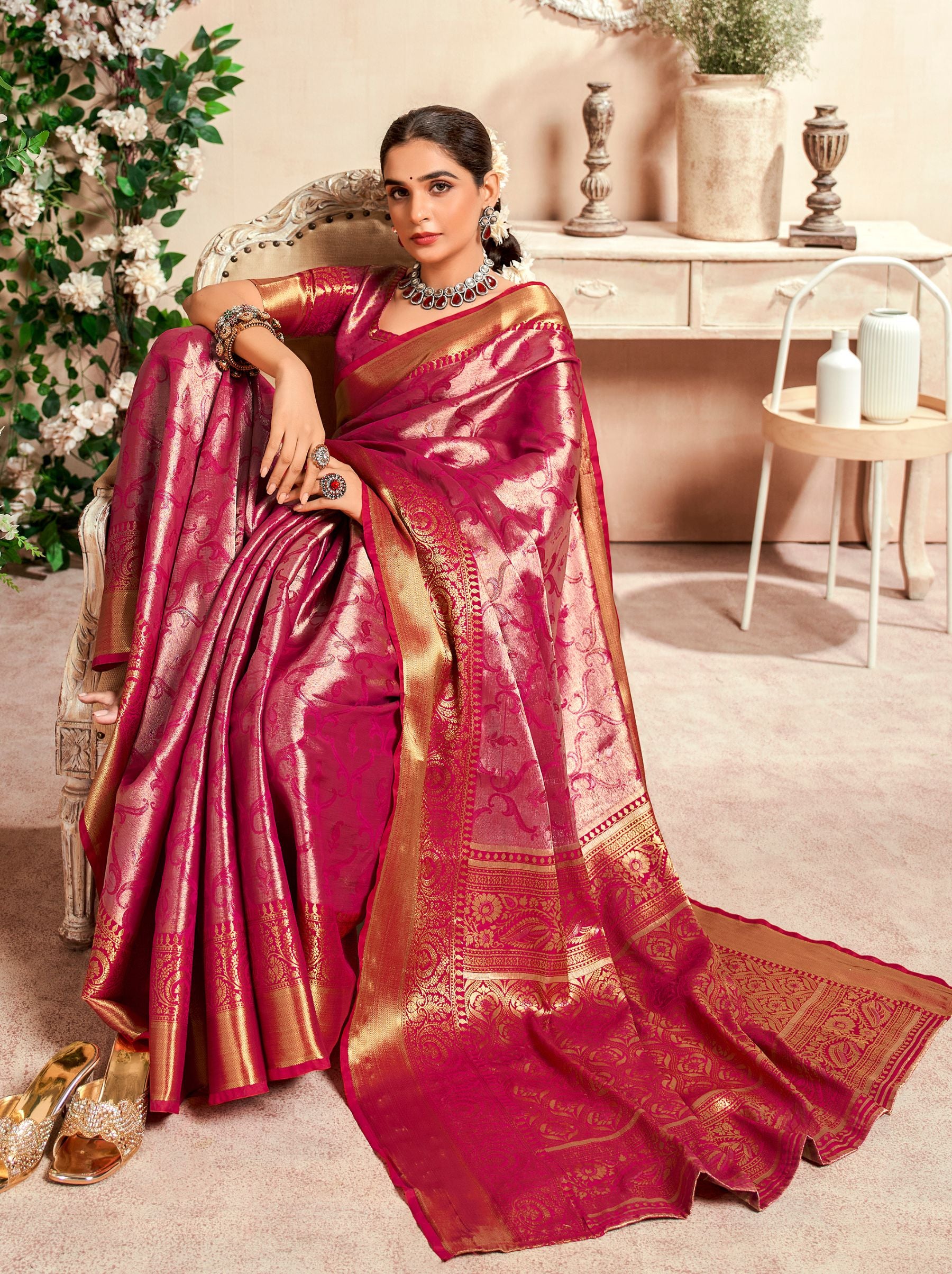 Ruby Pink Soft Silk Zari Weaving Wedding Saree