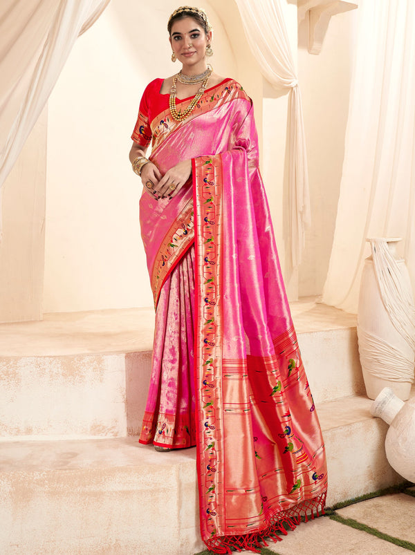 Magenta Pink Paithani Silk Blended Saree - TrendOye