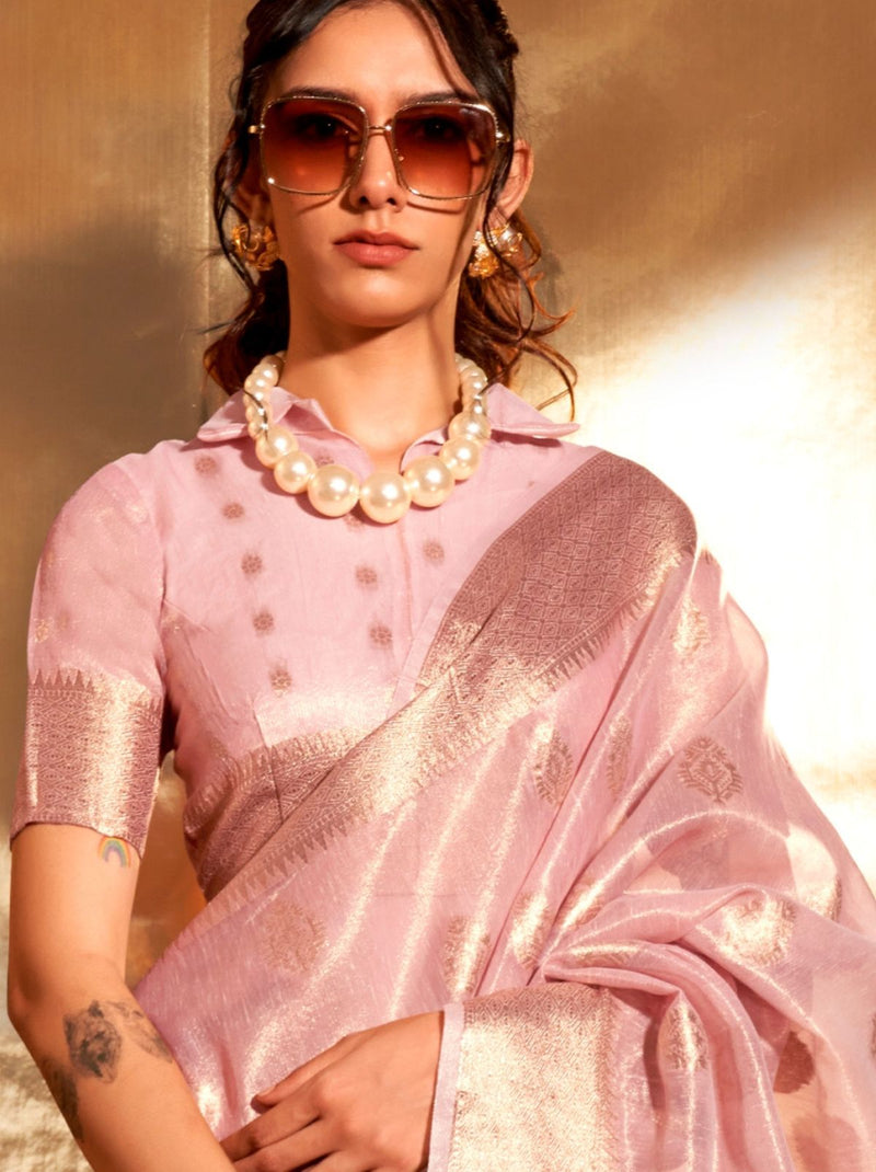 Flamingo Pink Paithani Tissue Silk Blended Saree - TrendOye