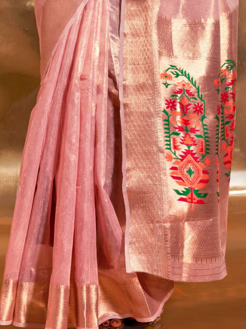 Flamingo Pink Paithani Tissue Silk Blended Saree - TrendOye