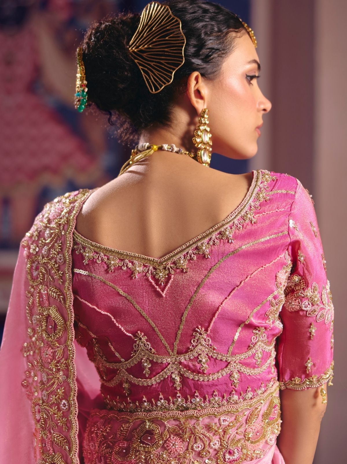 Flamingo Pink Tissue Silk Saree with Couture Beadwork & Zari Detailing
