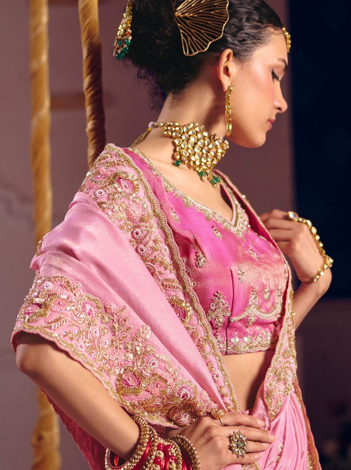 Flamingo Pink Tissue Silk Saree with Couture Beadwork & Zari Detailing