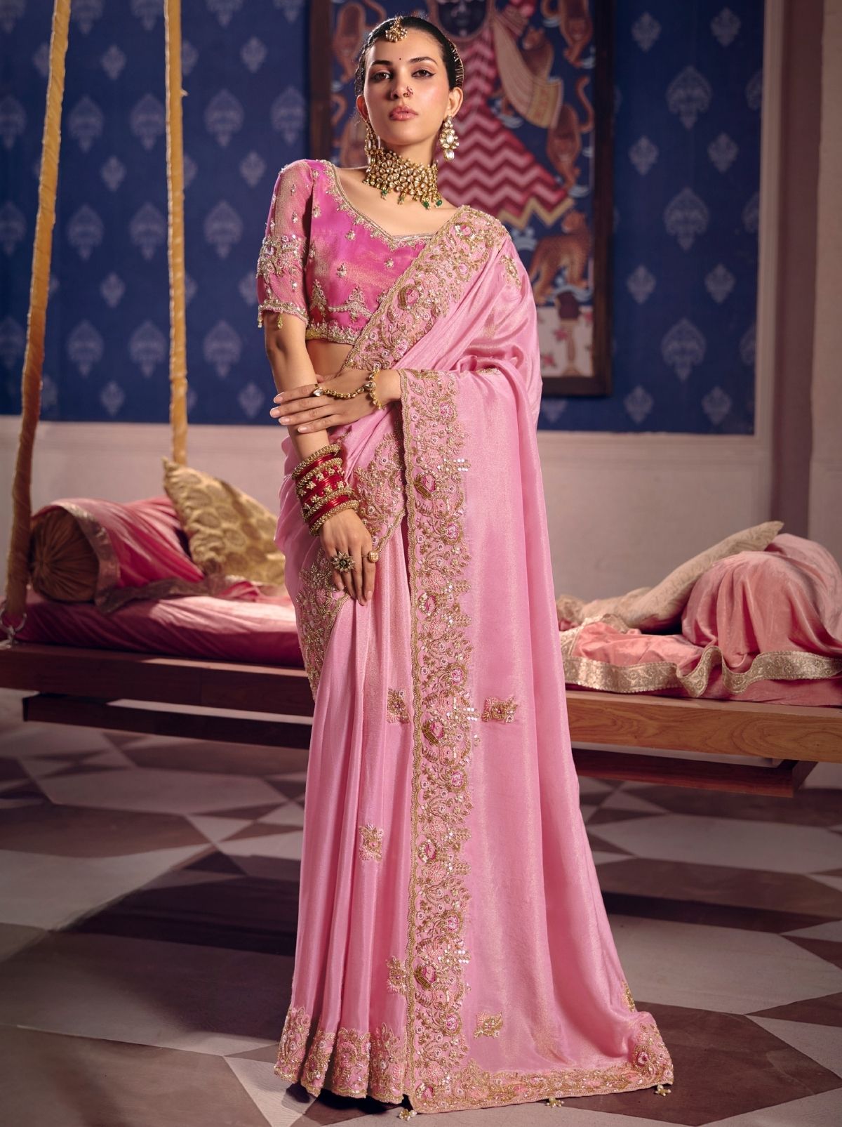 Flamingo Pink Tissue Silk Saree with Couture Beadwork & Zari Detailing