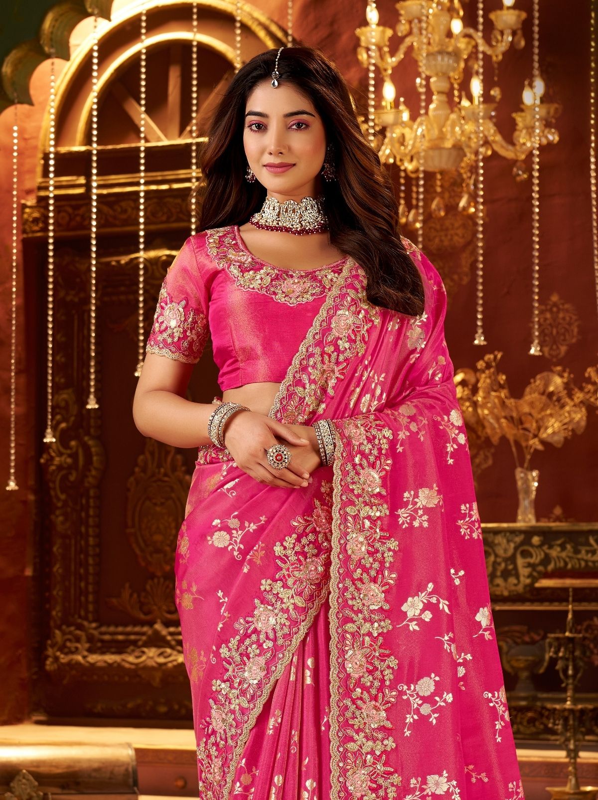 Hot Pink Traditional Bridal Saree With Designer Blouse Piece