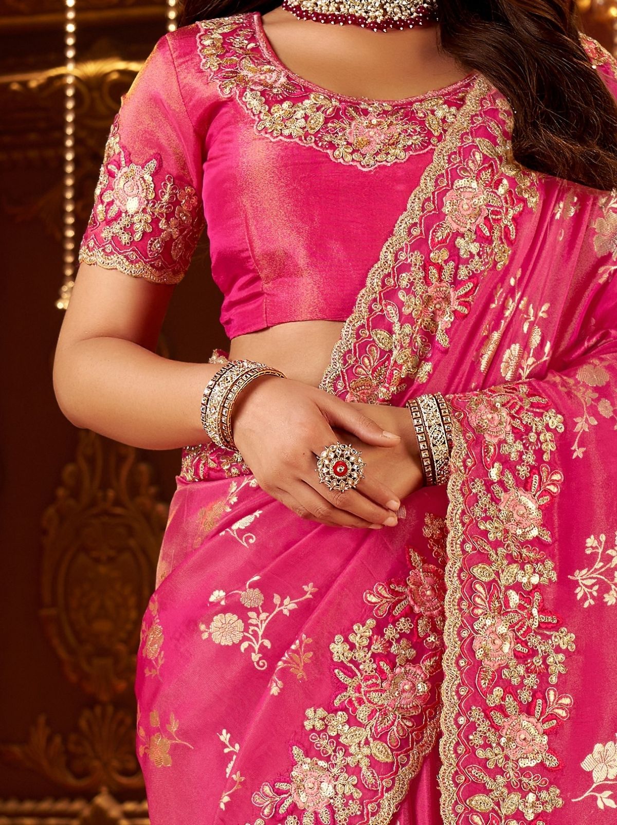 Hot Pink Traditional Bridal Saree With Designer Blouse Piece