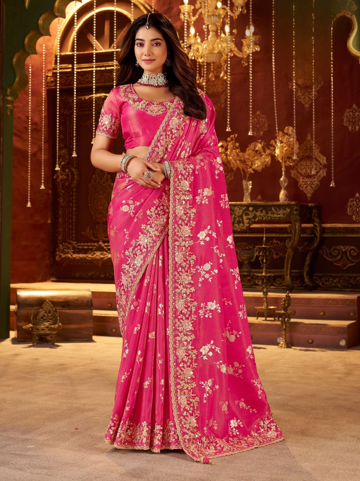 Hot Pink Traditional Bridal Saree With Designer Blouse Piece