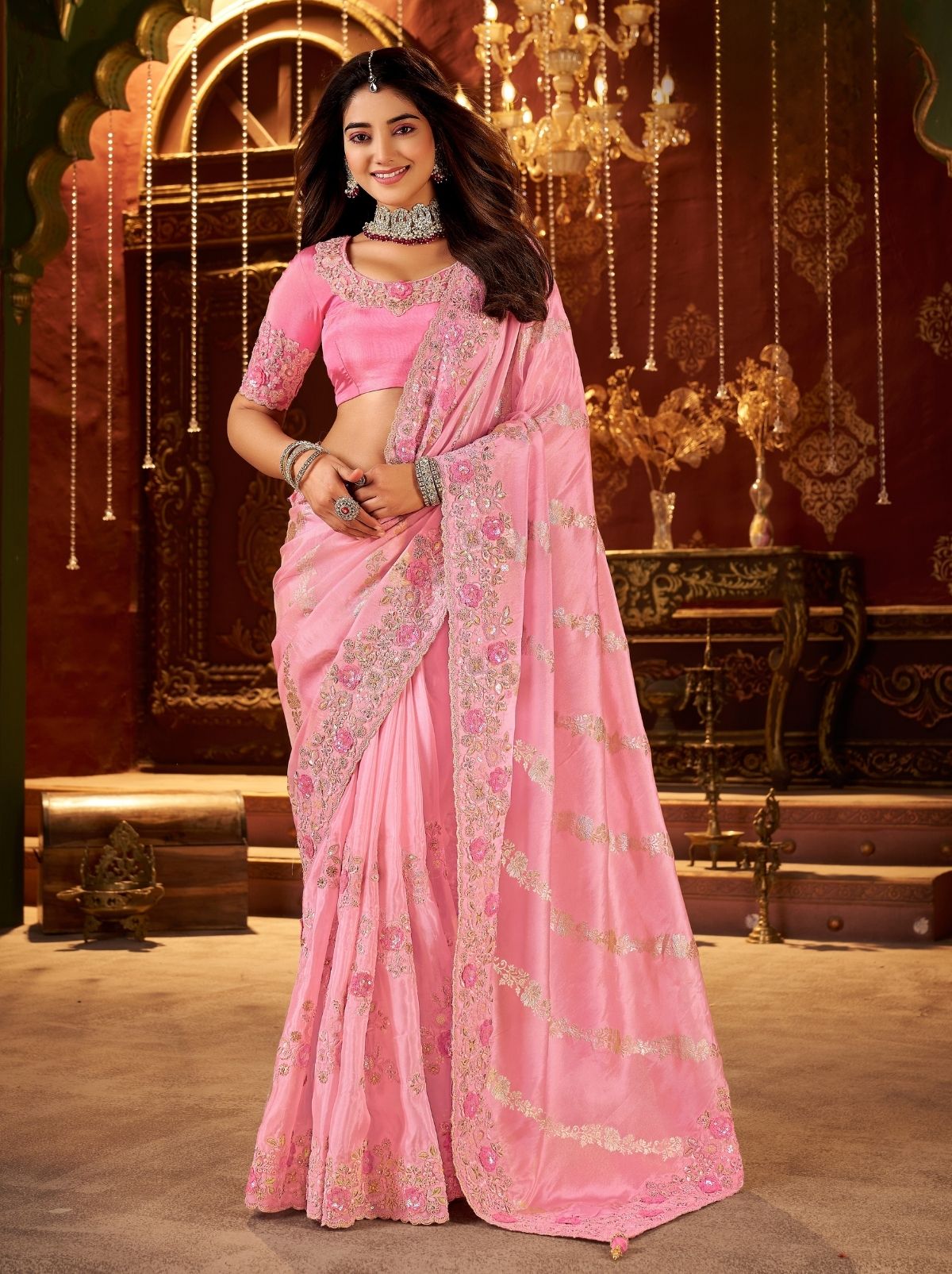 Light Pink Traditional Bridal Saree With Designer Blouse Piece