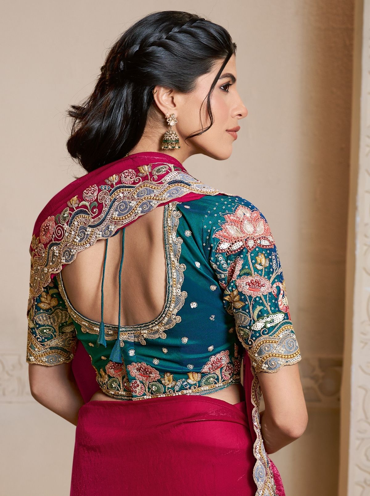 Ruby Pink Two Tone Satin Silk Saree With Thread Work