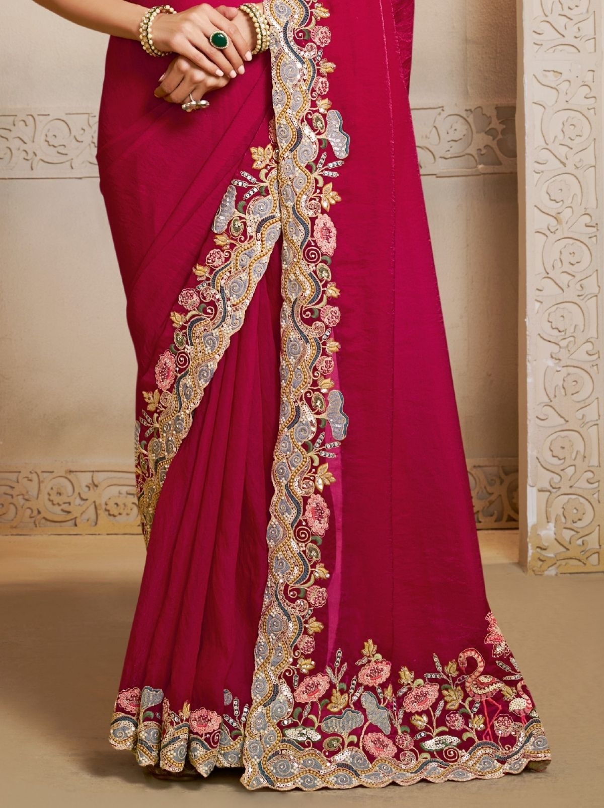 Ruby Pink Two Tone Satin Silk Saree With Thread Work