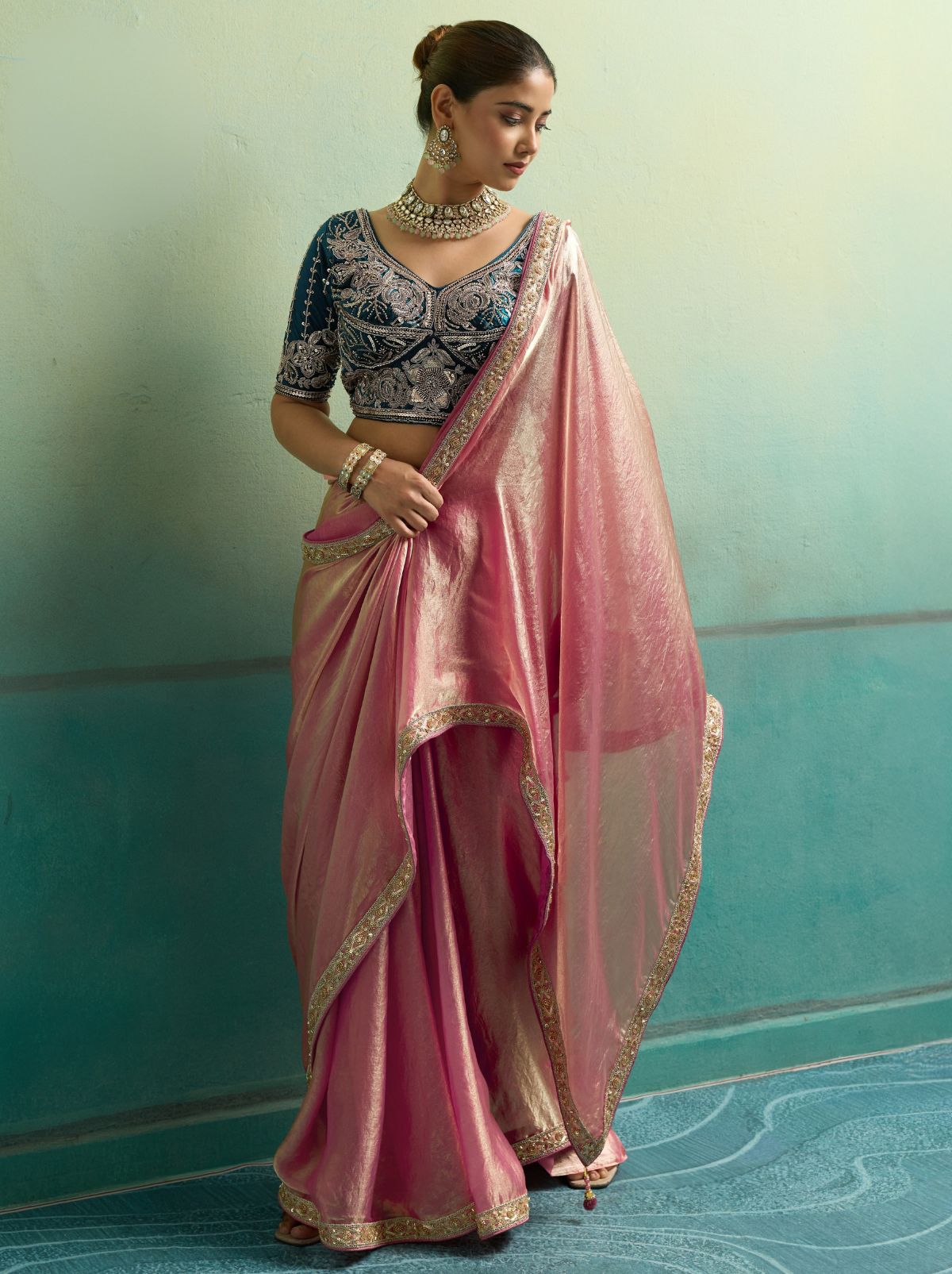 Flamingo Pink Velvet Satin Celebration Saree with Heavy Blouse