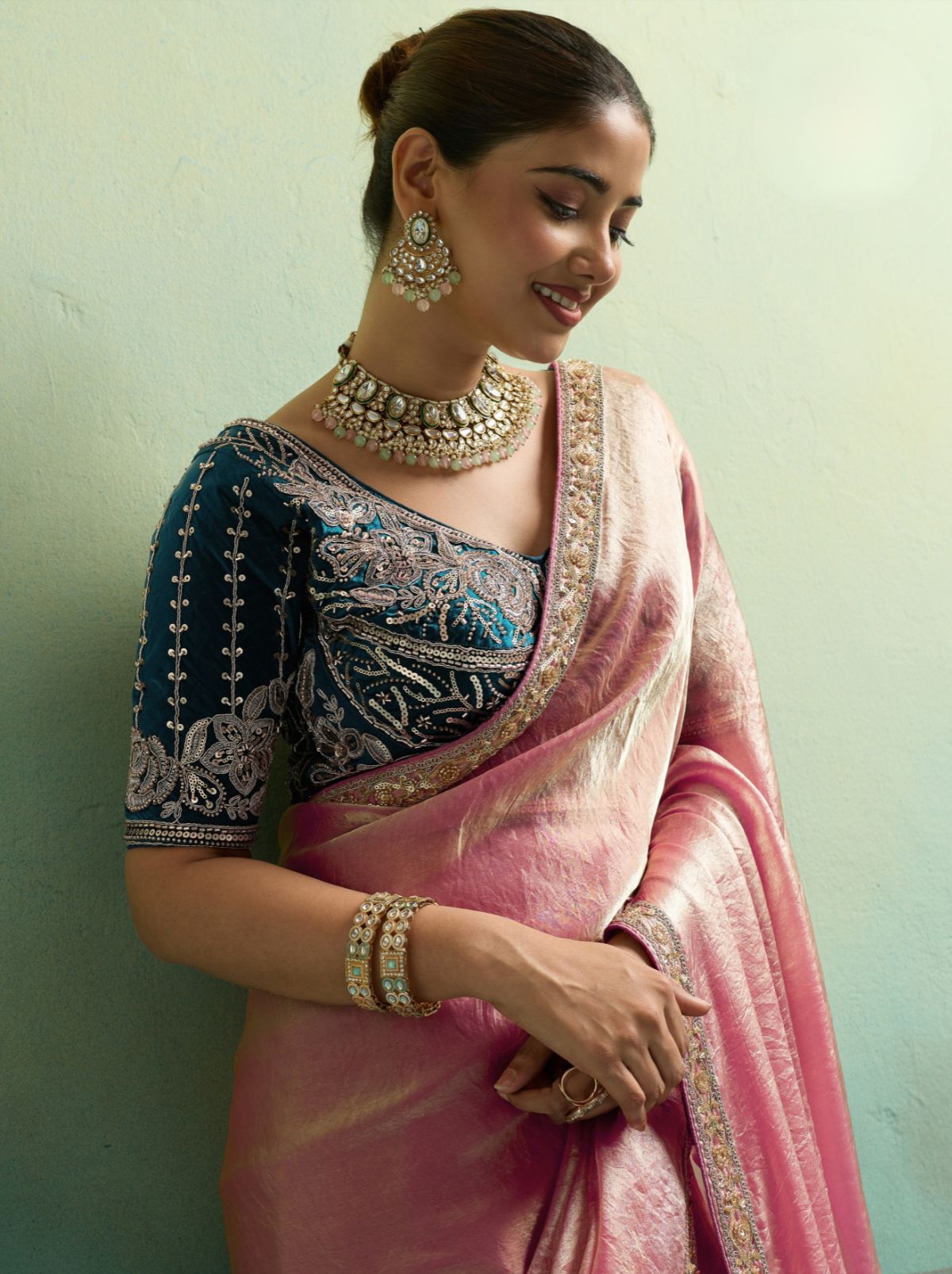 Flamingo Pink Velvet Satin Celebration Saree with Heavy Blouse