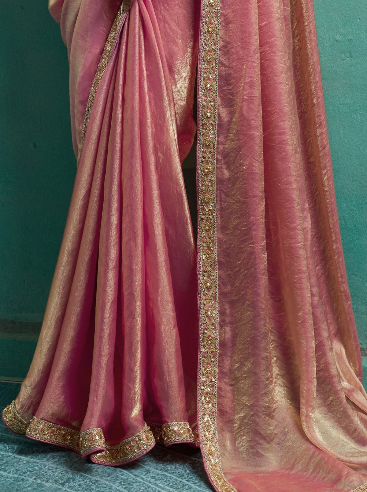 Flamingo Pink Velvet Satin Celebration Saree with Heavy Blouse