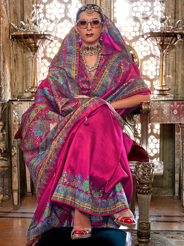 Bright Pink Ethnic Designer Silk Saree With Blouse Piece