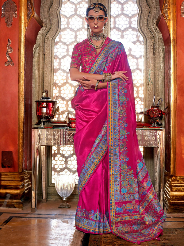 Bright Pink Ethnic Designer Silk Saree With Blouse Piece