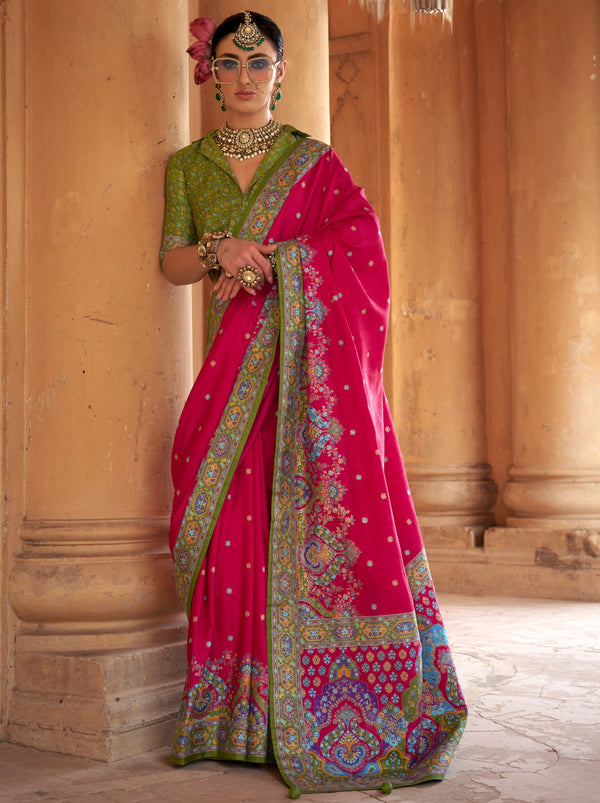Vibrant Pink Ethnic Celebration Silk Saree With Unstitched Blouse