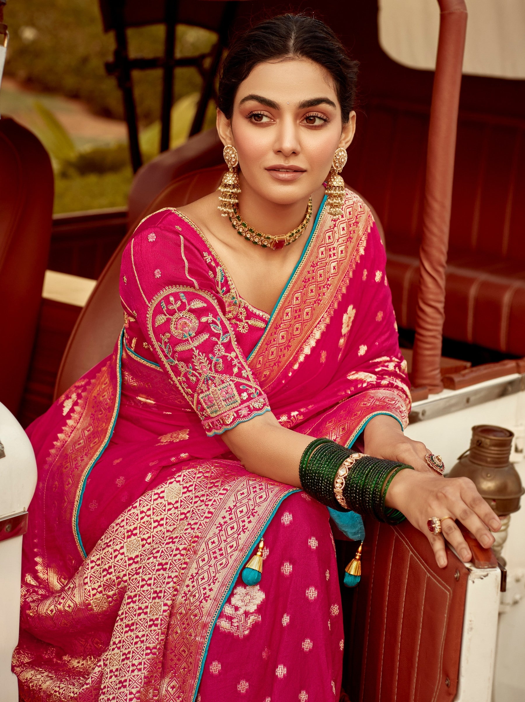 Ruby Pink Designer Dola Silk Wedding Saree - TrendOye