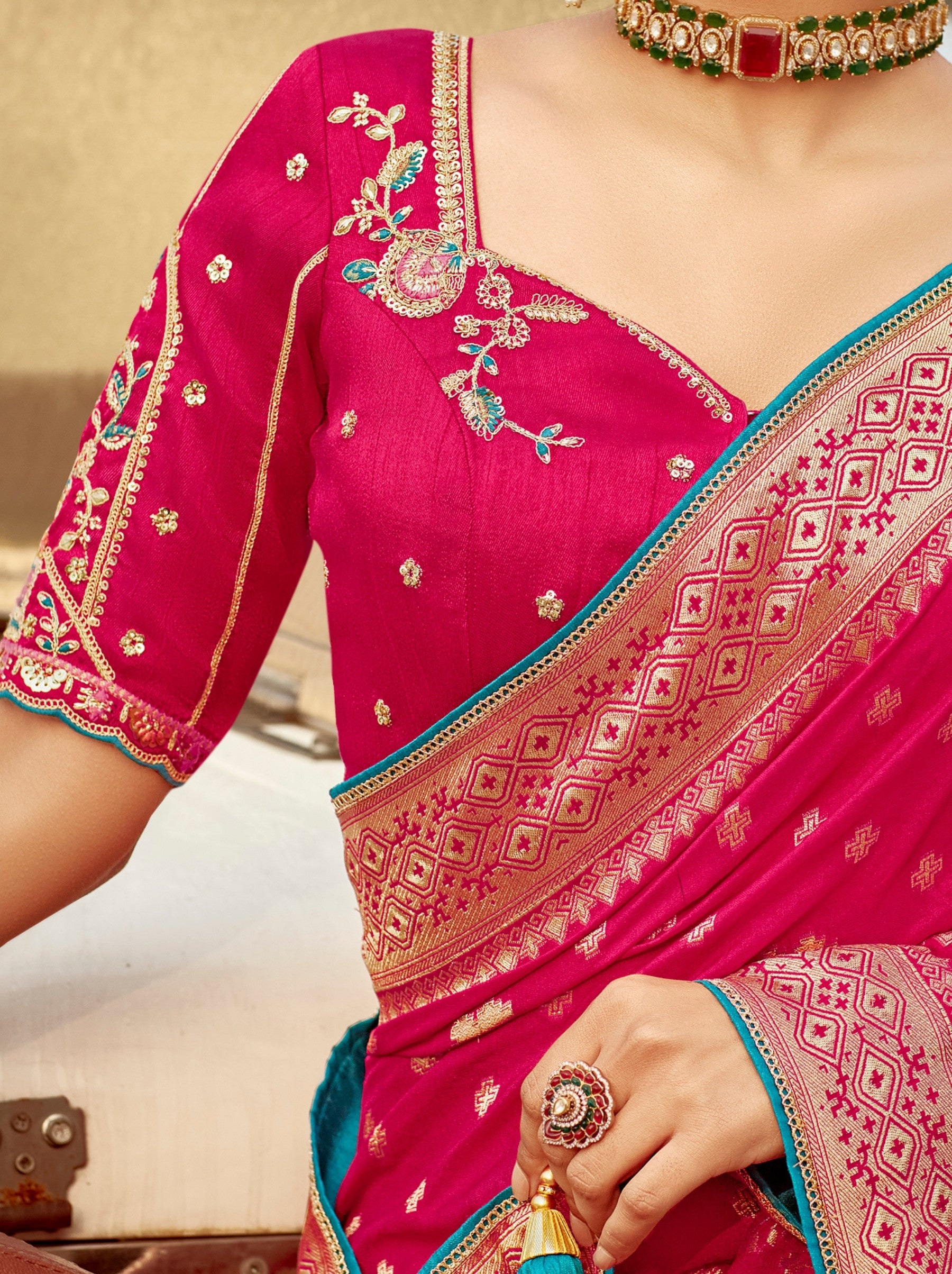 Ruby Pink Designer Dola Silk Wedding Saree - TrendOye