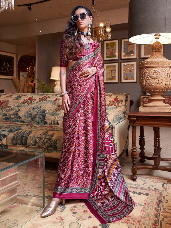 Ruby Pink Satin Crepe Patola Party Saree