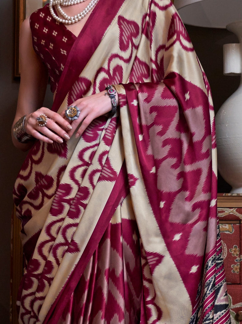 Cerise Pink Satin Crepe Patola Party Saree