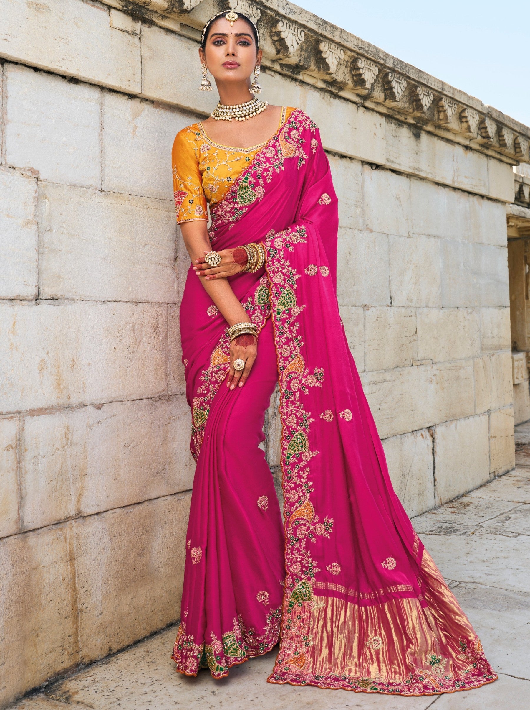 Ruby Pink Wedding Designer Saree - TrendOye