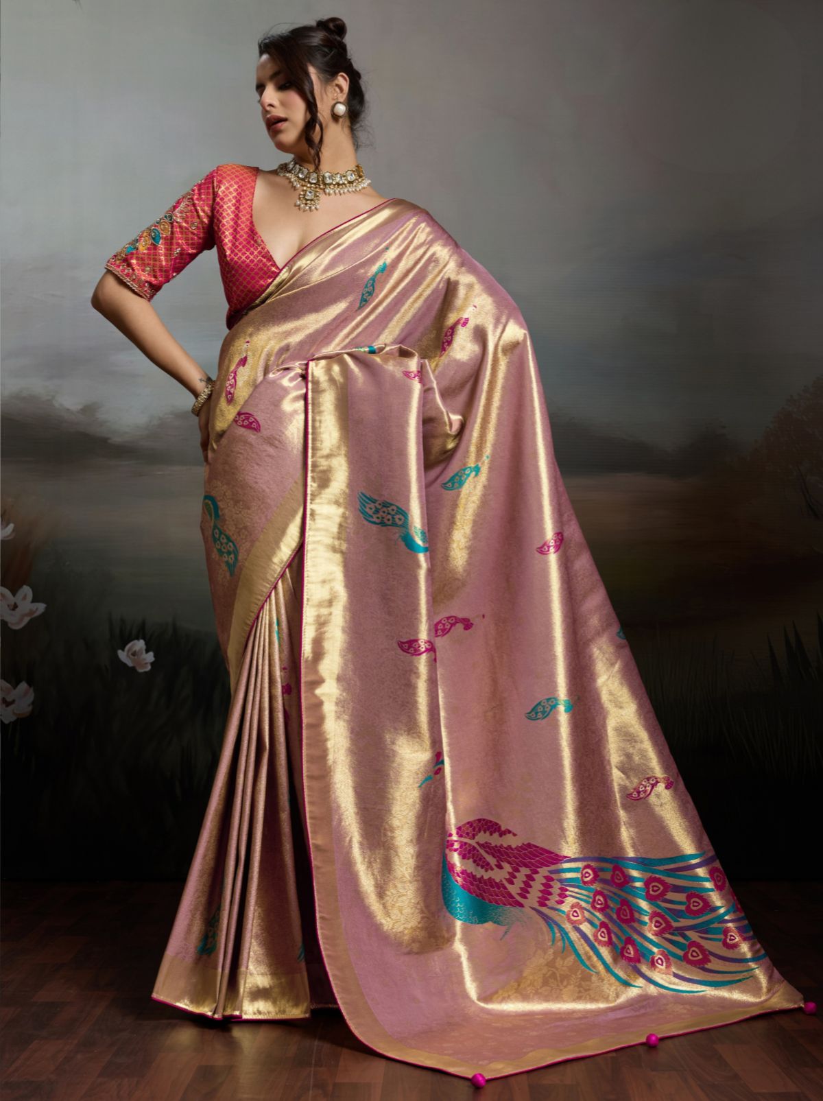 Helio Purple Banarasi Silk Festive Saree With Embroidery Work