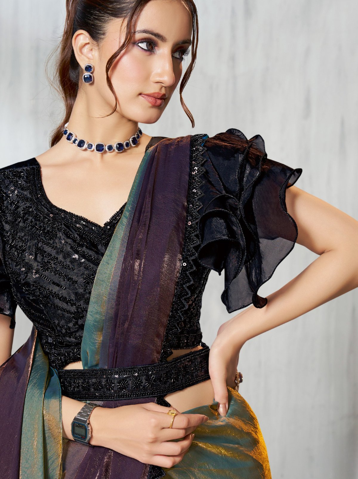 Purple-Blue Dual Tone Ready To Wear Satin Saree With Trendy Blouse