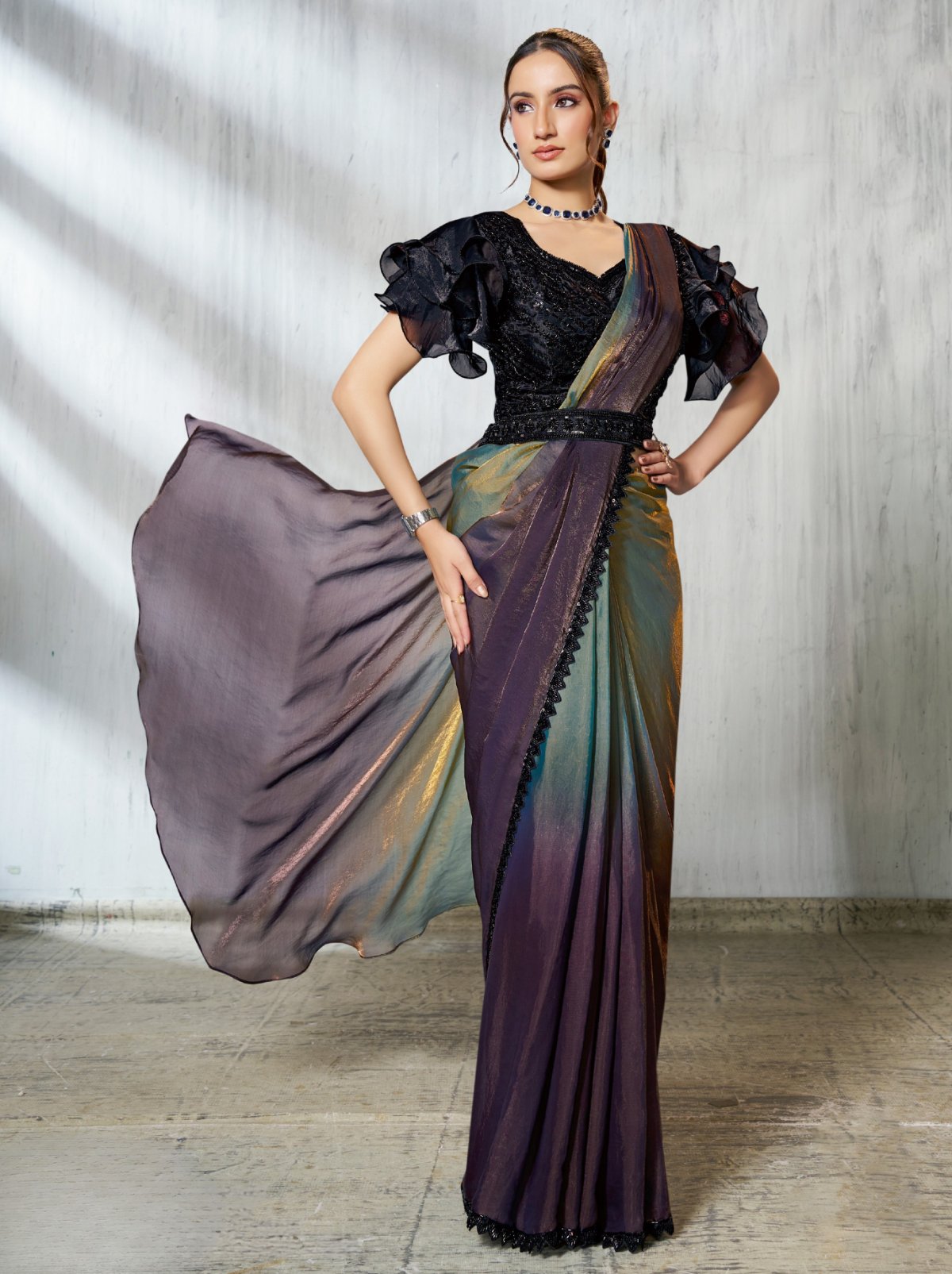 Purple-Blue Dual Tone Ready To Wear Satin Saree With Trendy Blouse