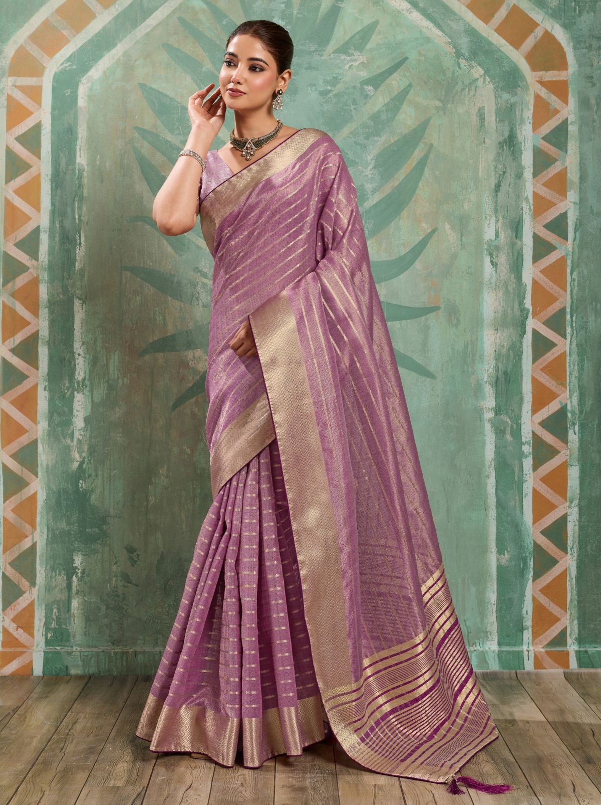 Lilac Purple Cotton Tissue Saree with Soft Gold Zari Woven
